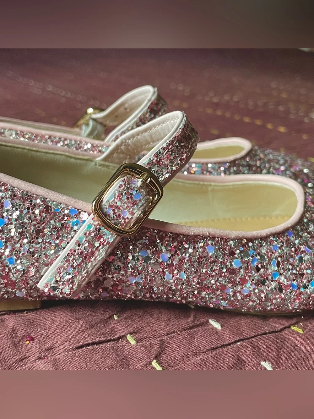 Crewcuts Pink Glitter Mary Jane Shoes with Gold Buckle